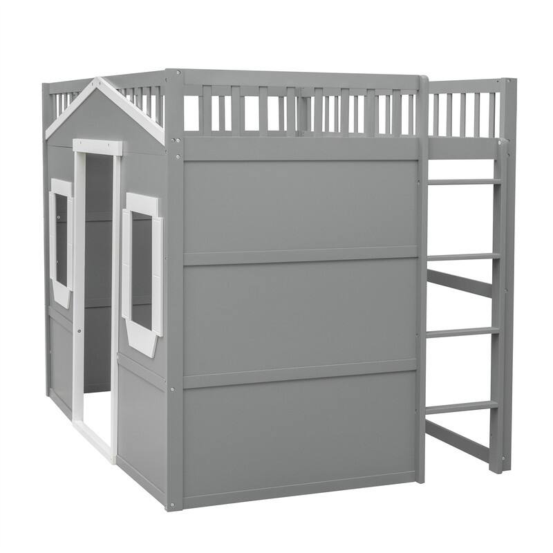 Solid Wood House Loft Bed with Window Design and Ladder, Twin/Full Size Playhouse Bed Loft Bed Frame with Guardrail for Kids