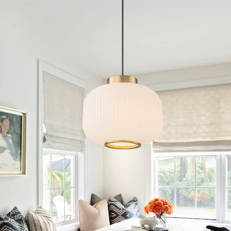 1-Light Gold Lantern Chandelier Drum Shape Hanging Kitchen Island Light - Gold