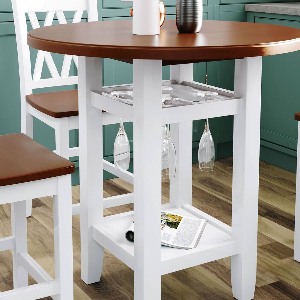 Farmhouse Round Counter Height Kitchen Dining Table with Storage Shelf and Glass Holder, Cherry and White