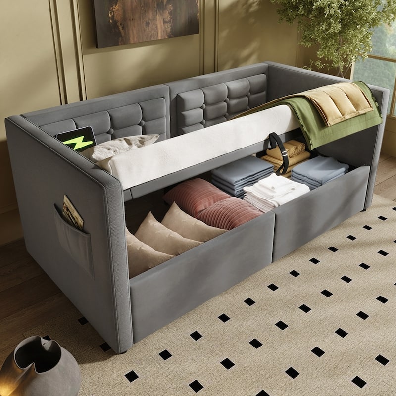 Hydraulic Storage Twin Bed Frame with Wooden Slats and Tufted Sofa Back - Gray - Twin