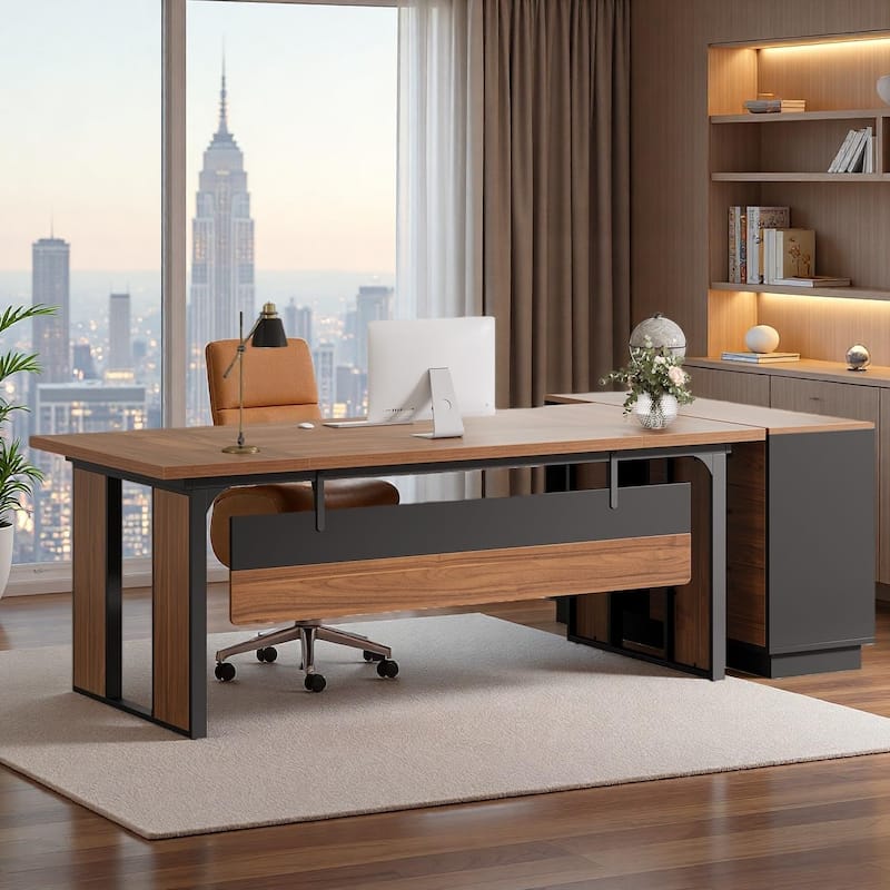 63‘’ L-Shaped Executive Desk, Large Computer Desk with 39.37-Inch Drawers Cabinet