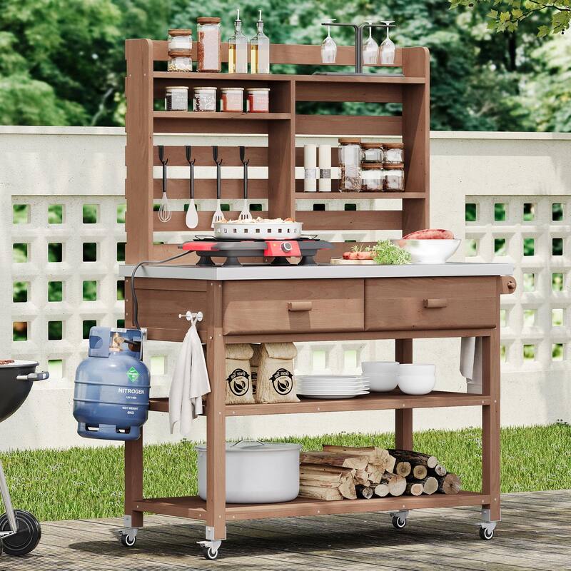 64.9"H Outdoor Potting Table with Lockable Wheels,Solid Wood Kitchen Island with Upper Hutch,Stainless Steel Top,Towel Rack