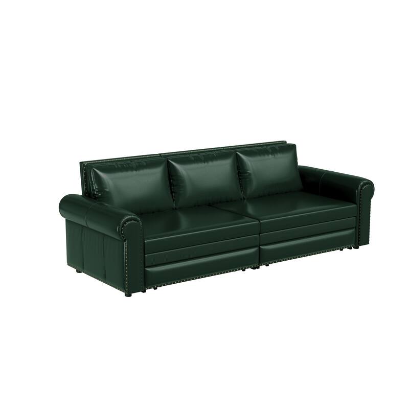 King Pull Out Sofa Bed, 3-in-1 Convertible Leather Sleeper Sofa, Chaise Lounge Daybed with Nailhead Trim & Rolled Arm