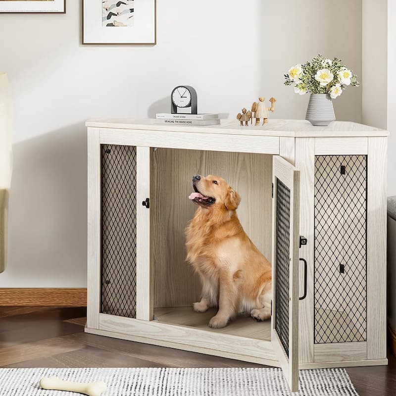 BOSSIN Corner Dog Crate Furniture,44/52 inch Wooden Dog Kennel Furniture with Mesh,Decorative Wood Dog House for Indoor use