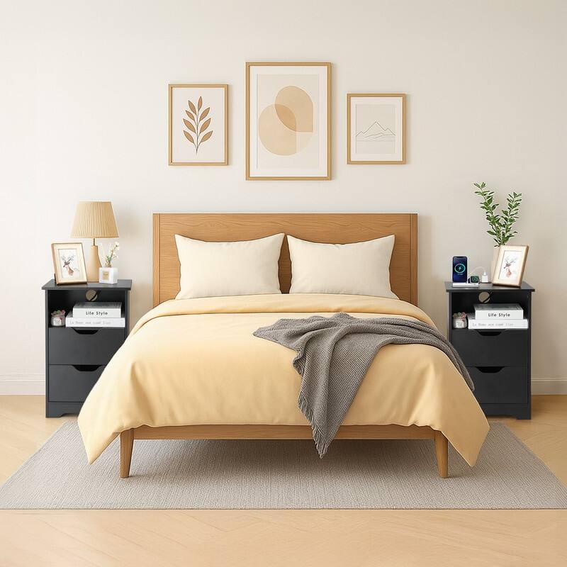 15.7"W Nightstand, P2 Particleboard, Matte Melamine, Handleless, 2 Drawers, US Outlet - Black-2