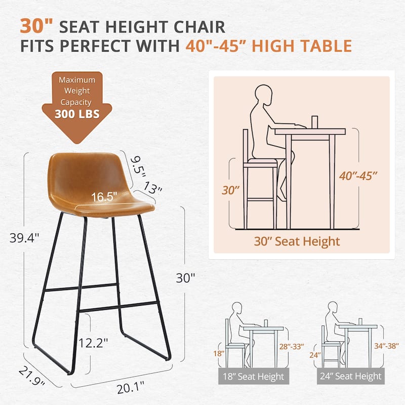 Modern 30.in Bar Height Bar Stool with PU Leather and Metal Frame Barstools for Kitchen Island