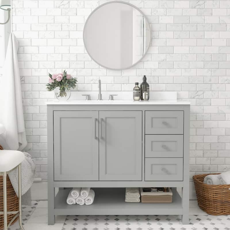 Modern Freestanding Bath Vanity with Sink, Open Storage, and Drawers - 42 Inch - Gray