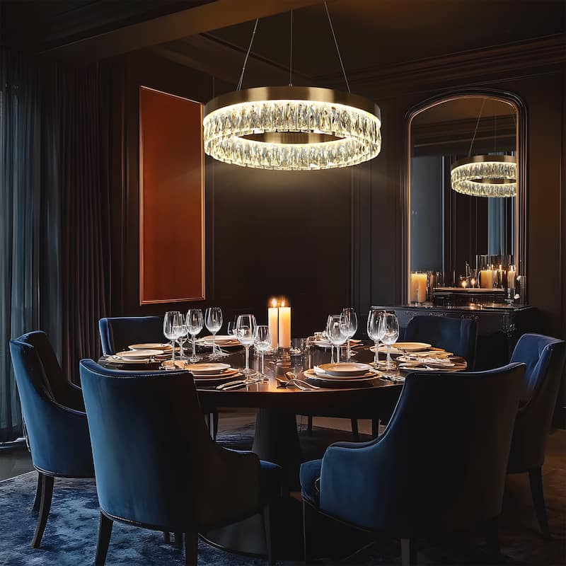 Modern Glam 1-Light Gold Crystal LED Chandelier Round Pendant Lights for Dining Room - 21.5" D x 5.5" H