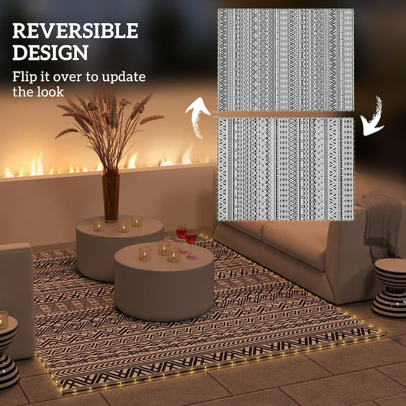 Outsunny Reversible Outdoor Rug Carpet with USB Lights, 12' x 9', Plastic Straw Rug, Patio Mat - 9' x 12'