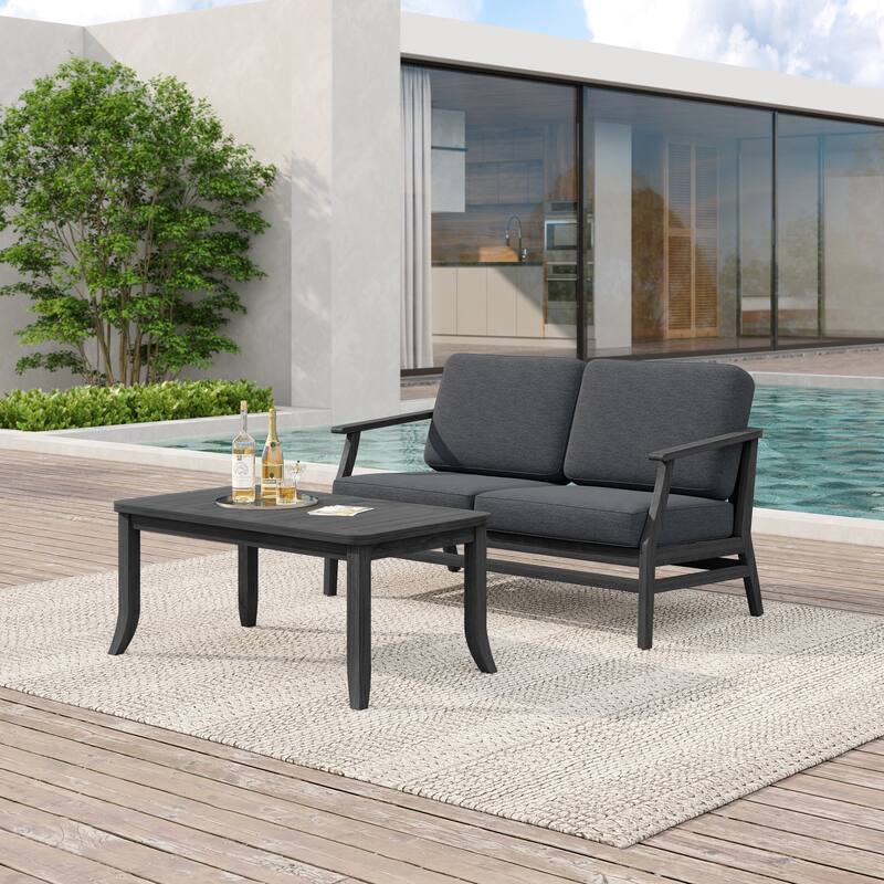 Teak Wood Patio Outdoor Loveseat Sofa and Coffee Table Set