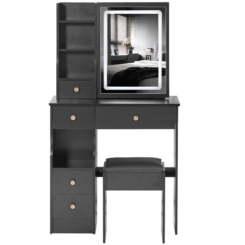 29.2" Small Size Left Drawer Desktop Vanity Table + Cushioned Stool, Large Sliding, Touch Control, Tri-color Switching