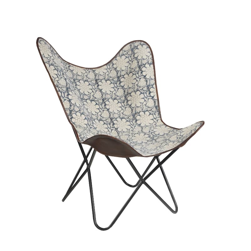37" Blue and White Floral Faux Leather Sling-Style Butterfly Chair