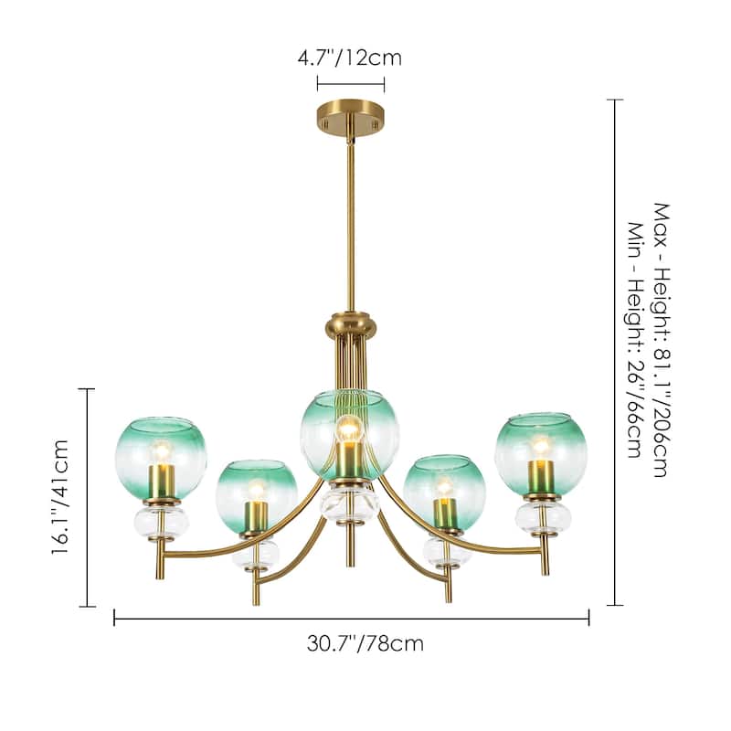 5-Light Mid-Century Modern Luxury Green Sputnik with Open/Bubble Glass Globe Shades Chandelier for Dining Room, Living Room