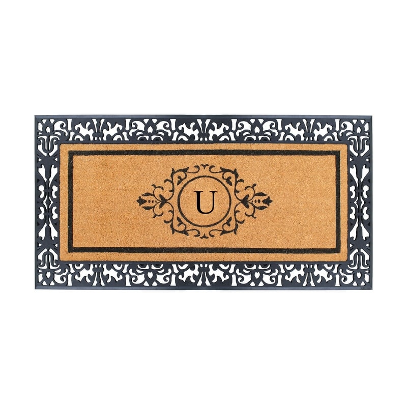 A1HC Natural Coir and Rubber Monogrammed Floral Bordered Doormat 30"X60" - U