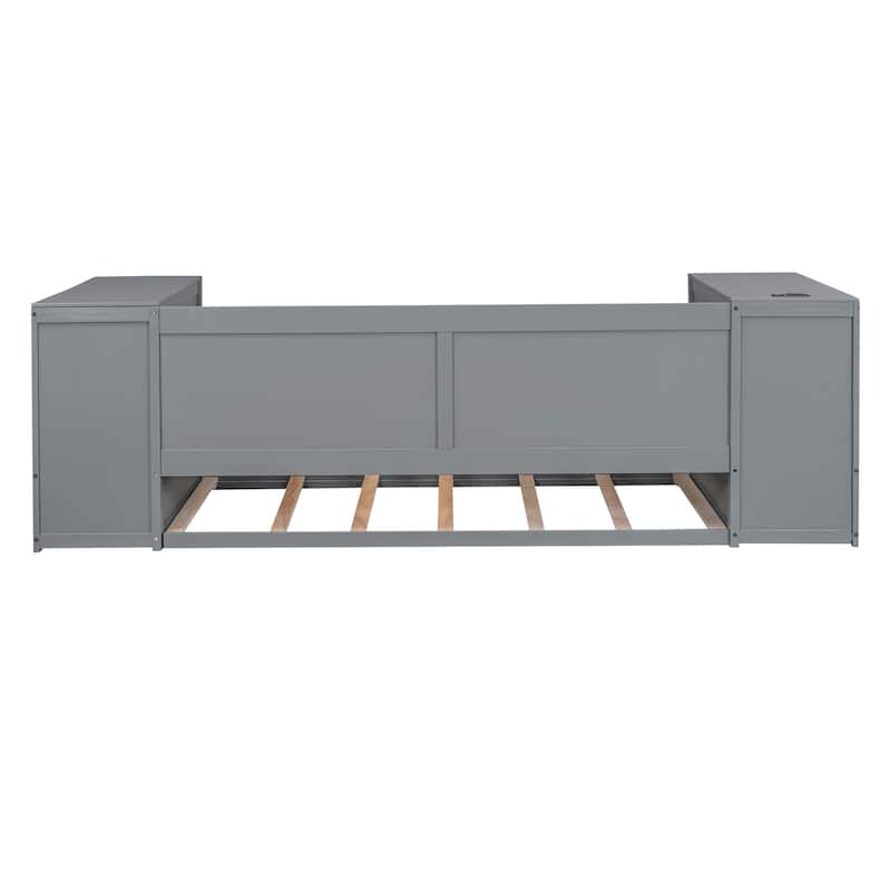 Wooden Bed Frame Low-Profile Daybed with Storage Arms and Charging Station, Trundle Bed with Wood Slat for Bedroom/Apartment