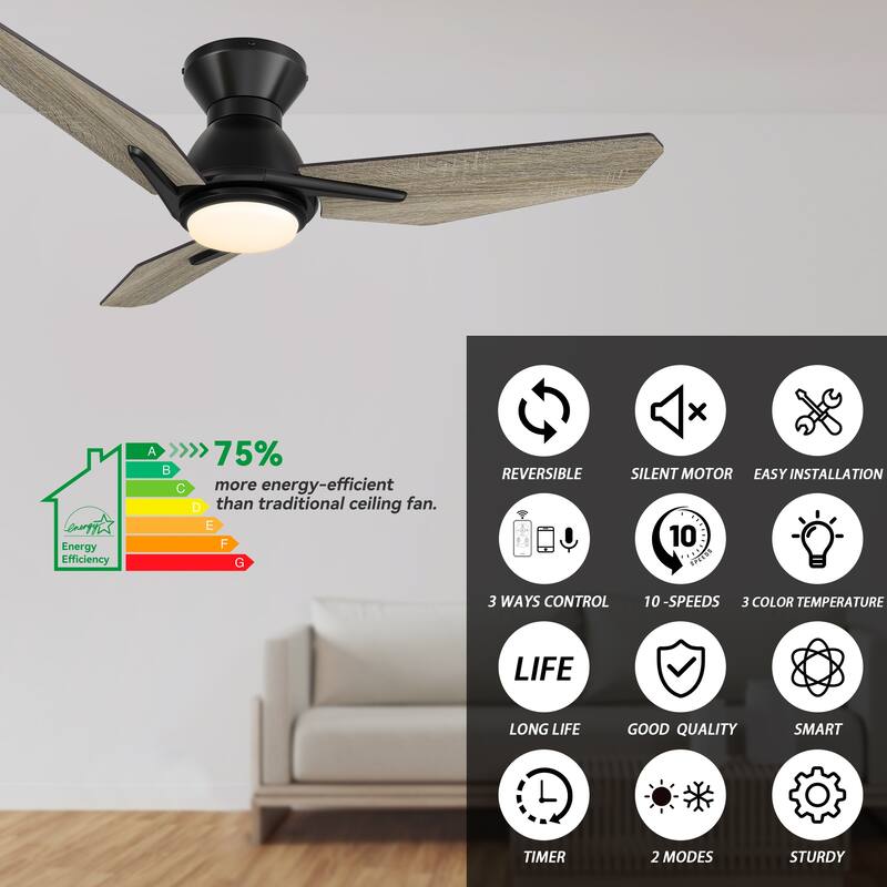 CARRO Jaiden 48" 3-Blade Smart Ceiling Fan with LED Light and Remote-Flush Mount