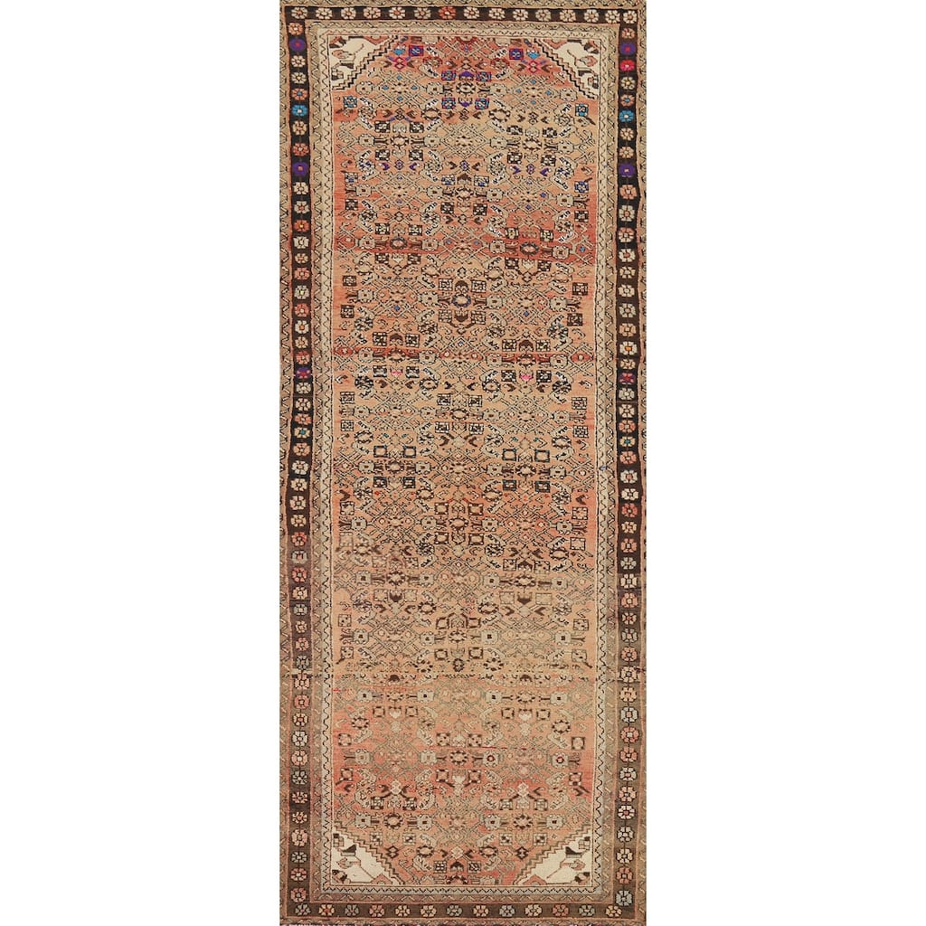 Hamedan Vintage Persian Runner Rug Handmade Orange Wool Carpet - 3'5" x 10'4"