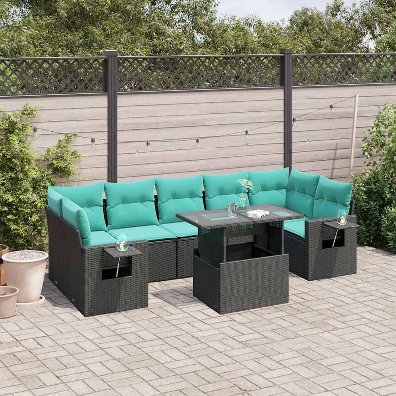 vidaXL Patio Sofa Set with Cushions Table and Couches 8 Piece Poly Rattan - 24.4 x 24.4 x 27.2 - Black without storage