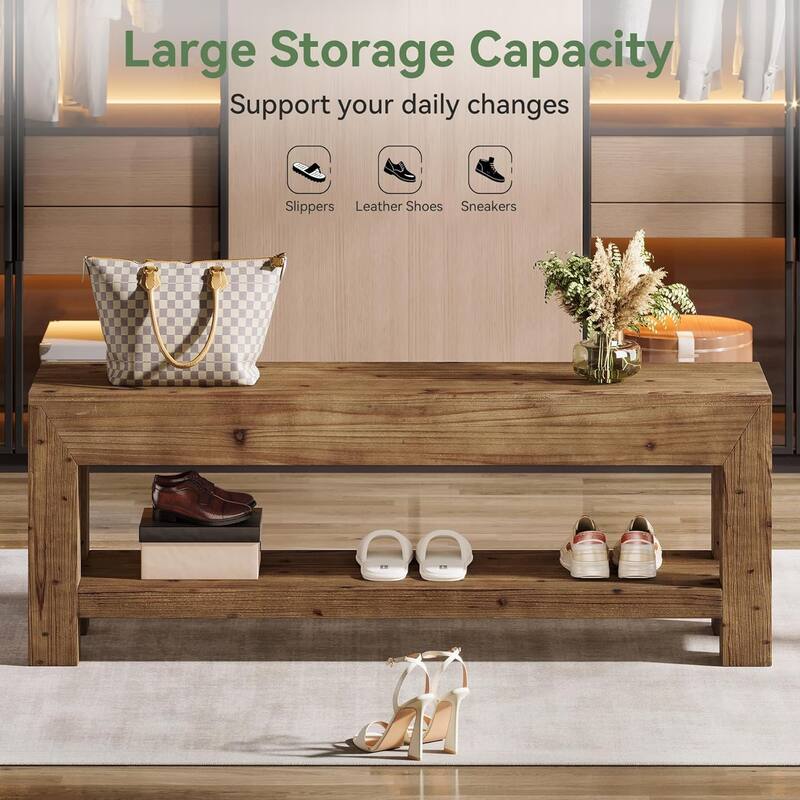47.24" Solid Wood Entryway Bench with Open Shelves