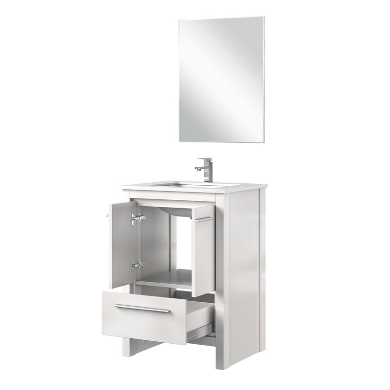 24 in. White Vanity with Quartz Top, Rose Gold Faucet, and 18 in. Mirror - Bathroom Storage Cabinet with Soft-Close Doors