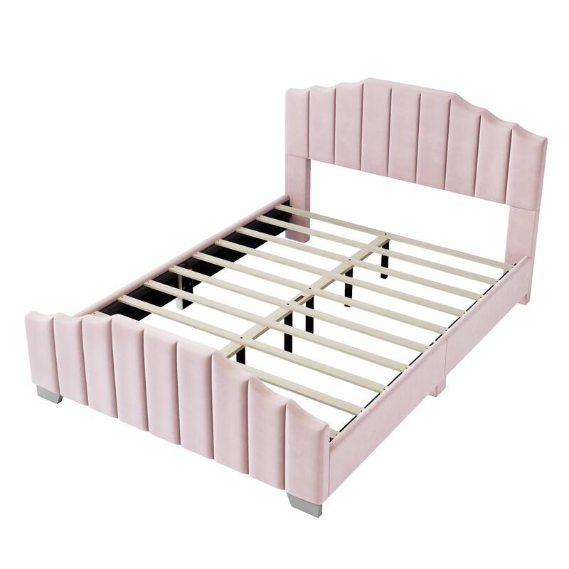 Velvet Upholstered Platform Bed Frame Vertical Channel Wingback Bed Tufted Headboard Footboard, Low Profile Panel Bed - Pink - Queen
