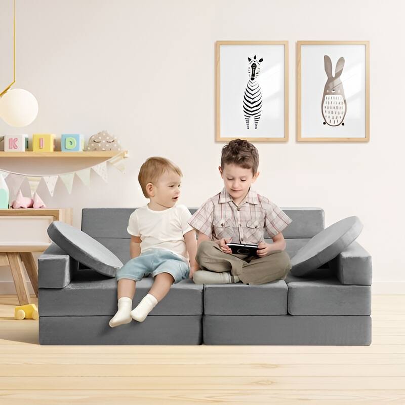 Pure Grey Velvet Modular Kids Sofa with Safe Zippers and 30 Combos - 53.1“L x 26.4” W x 18.5” H