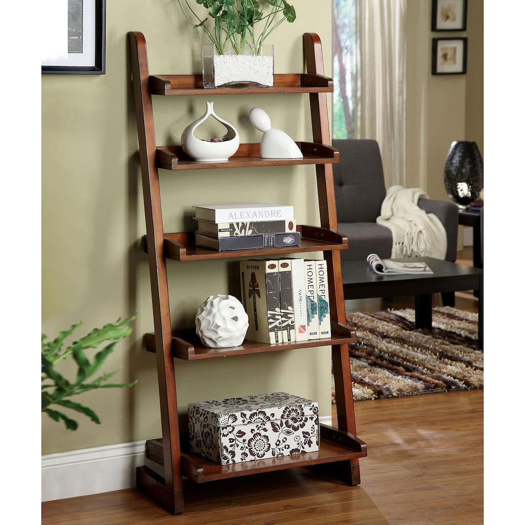 Stylish Transitional Ladder Shelf With 5-Shelves For Display, Oak