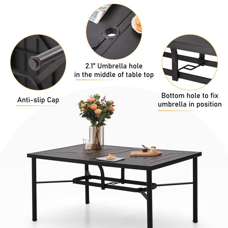 PHI VILLA 7-Piece Patio Dining Set Metal E-coating of 6 Upgraded Back Pattern Chairs & 1 Umbrella Hole Metal Table