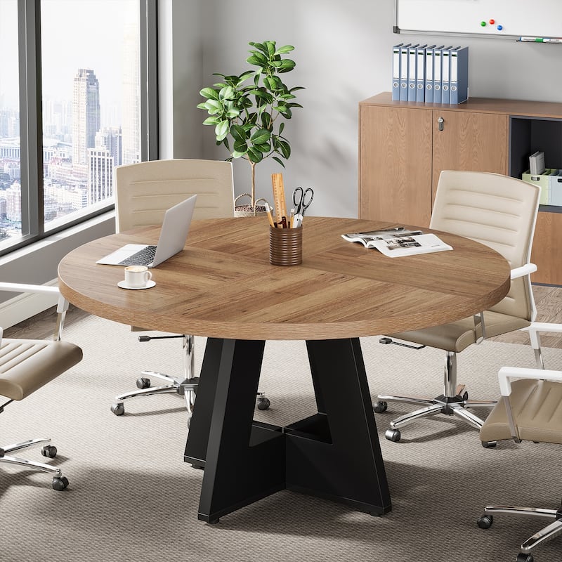 47" Round Conference Table Meeting Room Table with Thickened Top Wood Base Modern Training Desk for Conference/Seminar Room