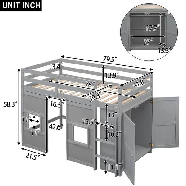 Gray Twin Size Pine Wood Loft Bed with Built-in Wardrobe, 2 Windows, and Guardrails