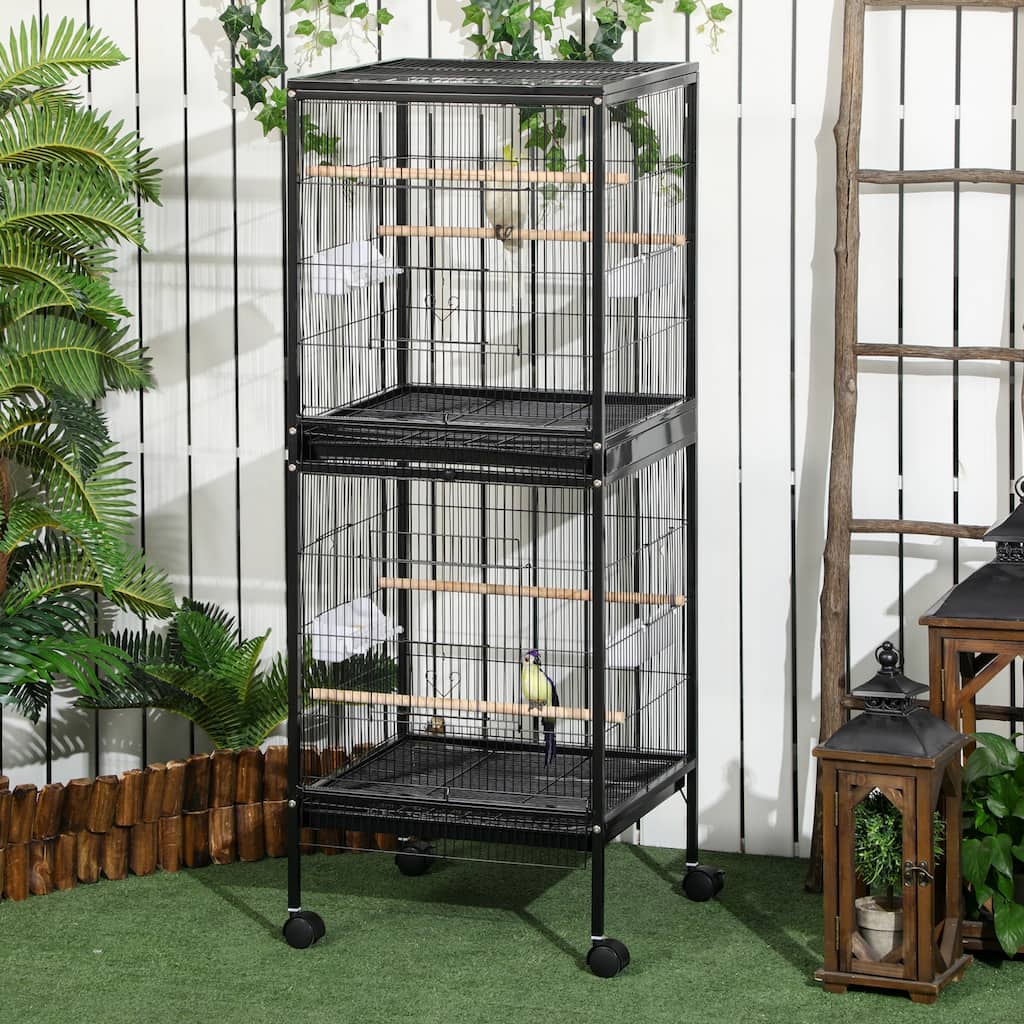 Dual-Compartment Steel Bird Cage with Removable Tray & Rolling Casters — Black - 20.5" W x 19.75" D x 55" H.