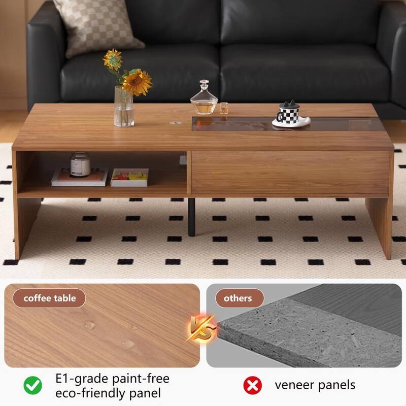 51.1" Wooden Coffee Table with LED Lights, Storage Shelves & Flip-Top - 51.1"Wx27.5"Dx15.8"H