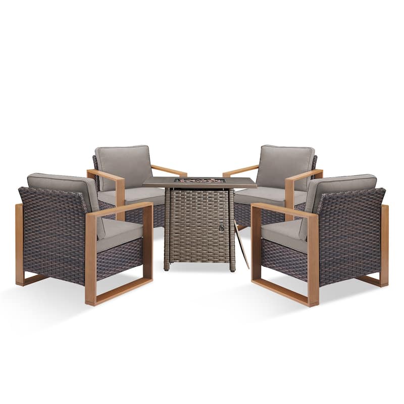 Pocassy 5-Piece Outdoor Patio Chair with Fire Pit Table Set