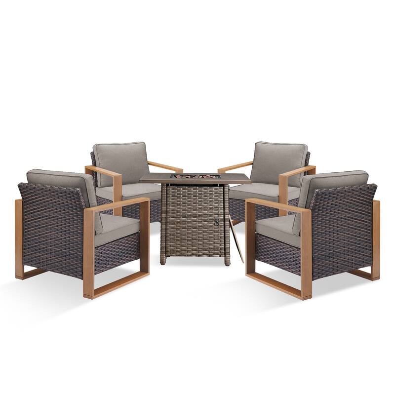 Pocassy 5 Pieces Outdoor All-Weather Chair with Fire Table Set