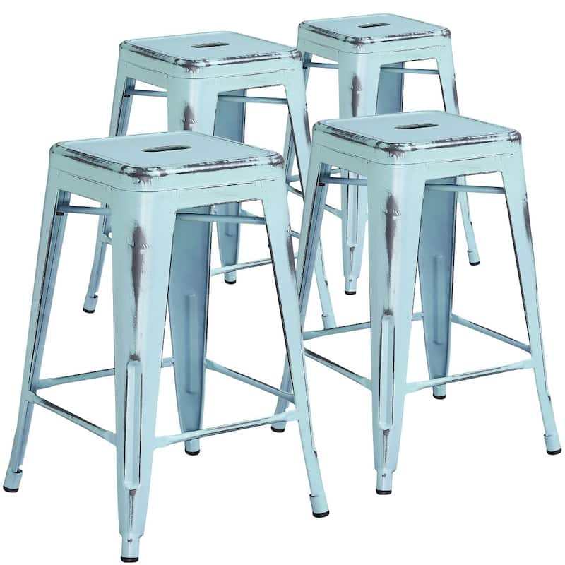4 Pack 24" High Backless Distressed Metal Indoor-Outdoor Counter Height Stool
