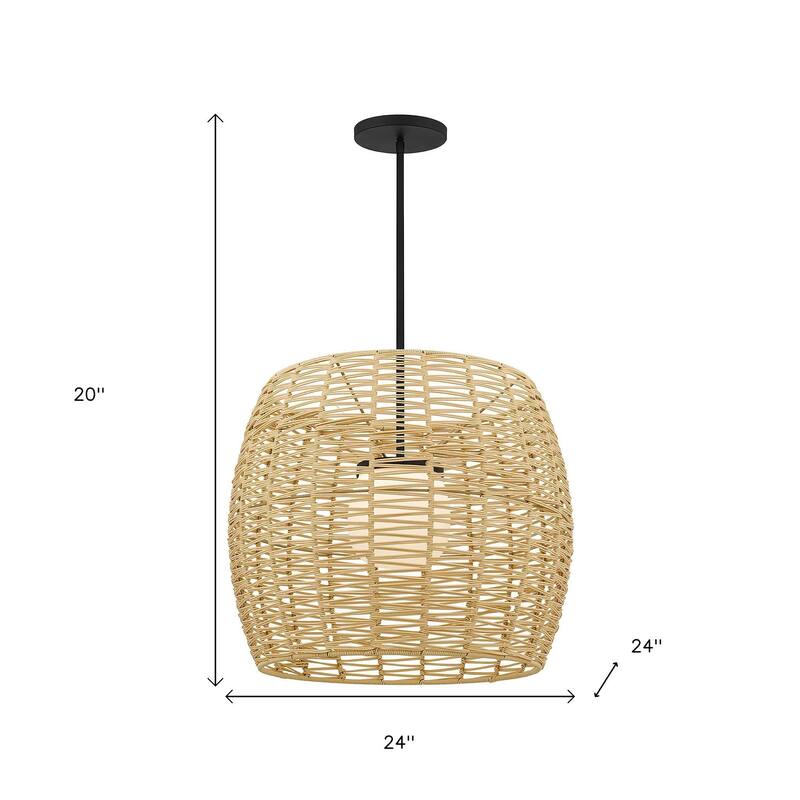 HomeRoots Natural And Black Rattan And Metal LED Dimmable Barrel Outdoor Hanging Pendent Light - 24.00' X '20.00' X '24.00