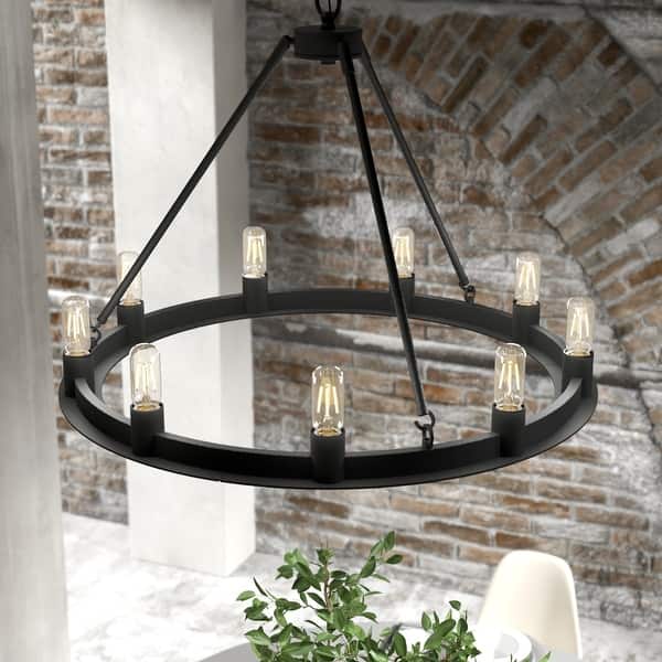 slide 2 of 11, Hunter 30" Saddlewood 9-Light Chandelier - Dining Room, Entry - Farmhouse, Industrial, Wagon Wheel Natural Iron