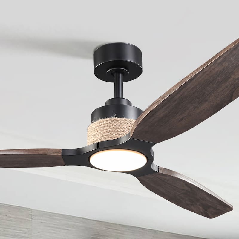 Parrot Uncle 56" Transition Black Solid Wood Jute Dimmable LED Ceiling Fan with Light and Remote