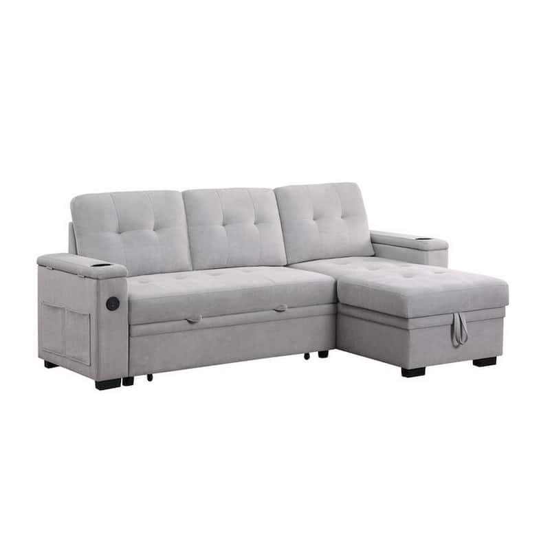 Lna 84 Inch Sectional Sofa, Pull Out Bed, Storage Chaise, USB, Light Gray
