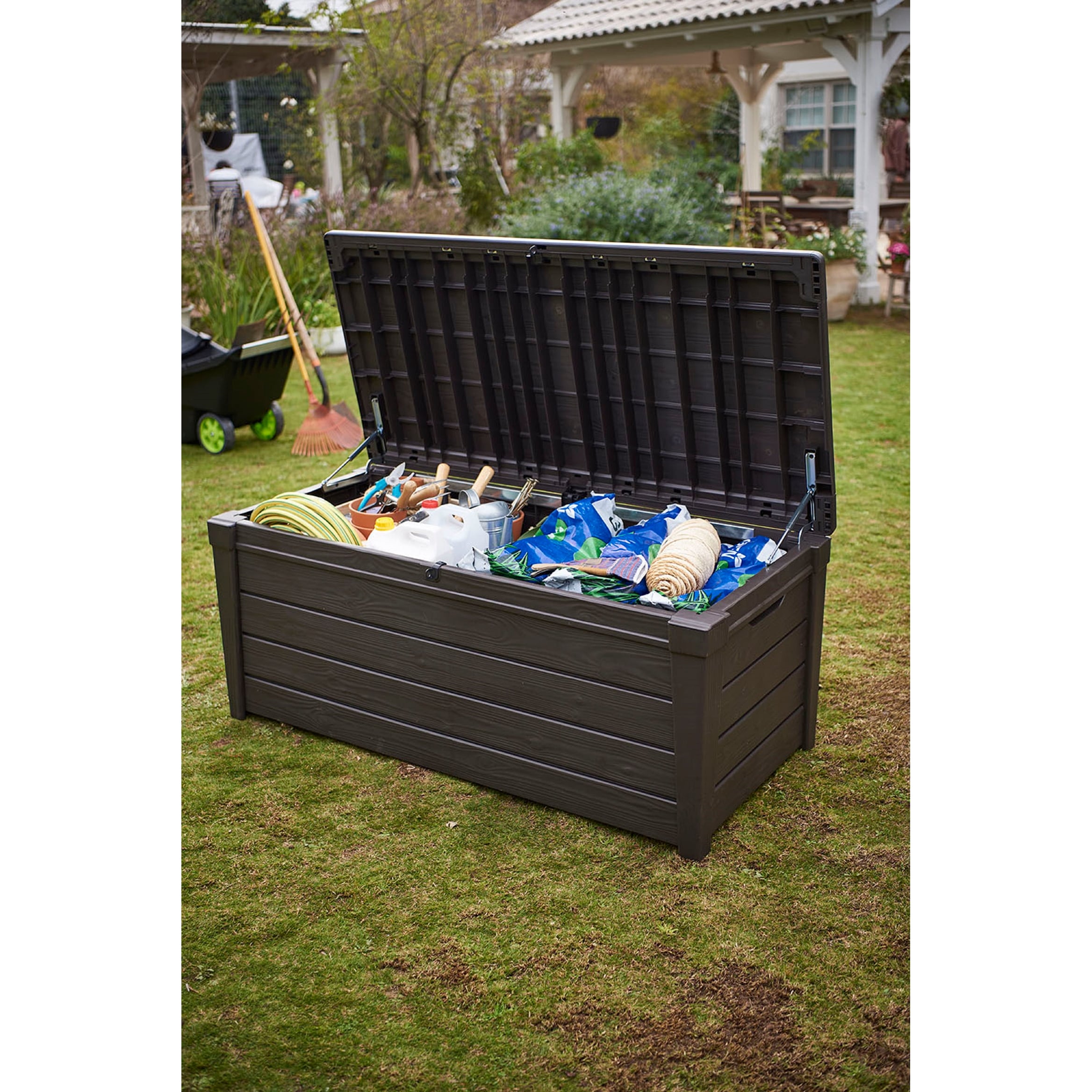 Keter Brightwood 120 Gallon Outdoor Plastic Storage Deck Box Brown Overstock 12171706