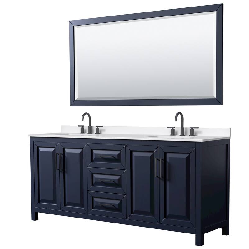 Wyndham Collection WCV252580D-QTZ-US3M70 Daria 80" Free Standing - Dark Blue / White Quartz Top / Matte Black