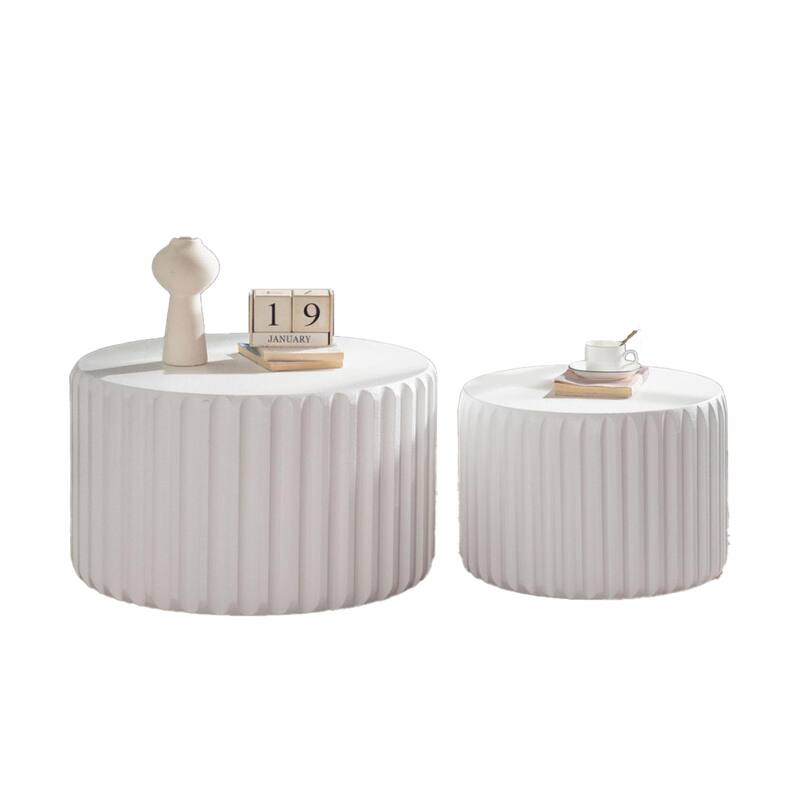 White Scalloped Round Coffee Table Set: Nesting Design, Elegant Curved-Edge Shape for Cozy Living Room Styling