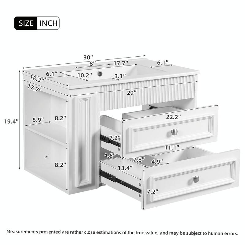 30" Wall Mounted Bathroom Vanity - Floating Storage Cabinet with 2 Drawers and 3-Hole Single Ceramic Sink