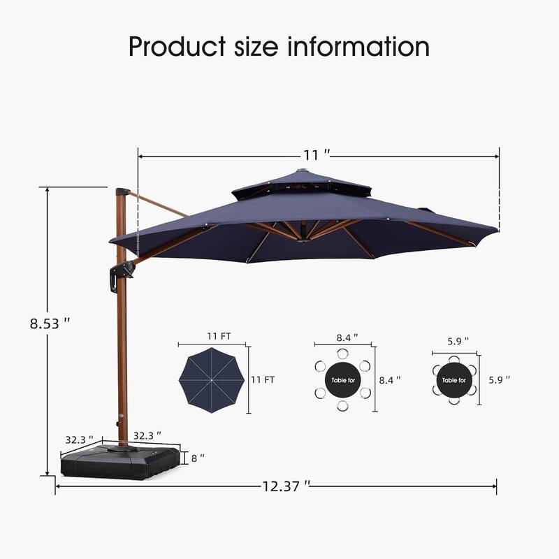 PURPLE LEAF 10/11/12ft Round Wood Pattern Patio Cantilever Umbrella with Base