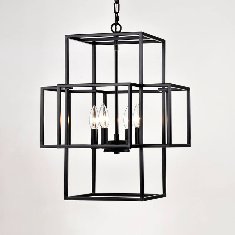 Industrial 4-Light Farmhouse Lantern Chandelier, Adjustable Height, for Dining Room and Kitchen, E12 Bulbs Not Included
