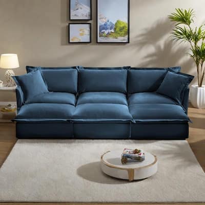 120" Chenille 3-Seater Sofa Set with 3 Ottomans, Sleeper Function & Removable Slipcovers