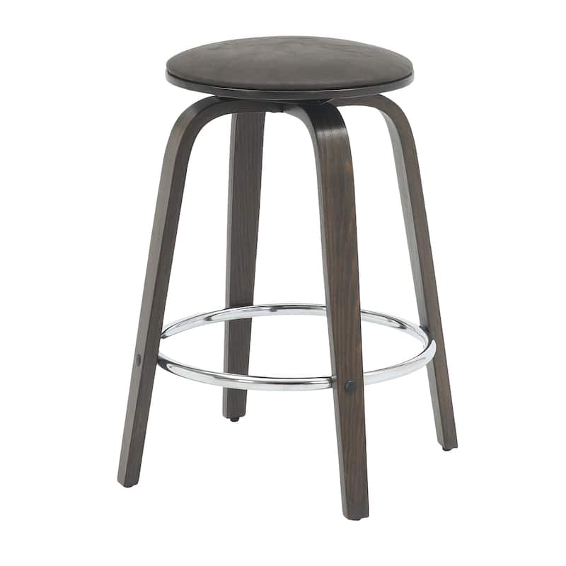 Leather Counter Stool Swivel Round Seat Poplar Wood Frame Iron Foot Rest