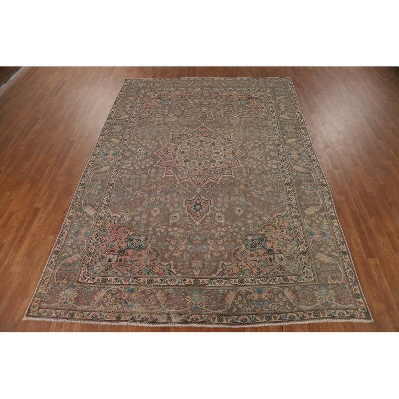 Brown Medallion Tabriz Persian Vintage Rug Hand-Knotted Wool Carpet - 8'2"x 11'5"