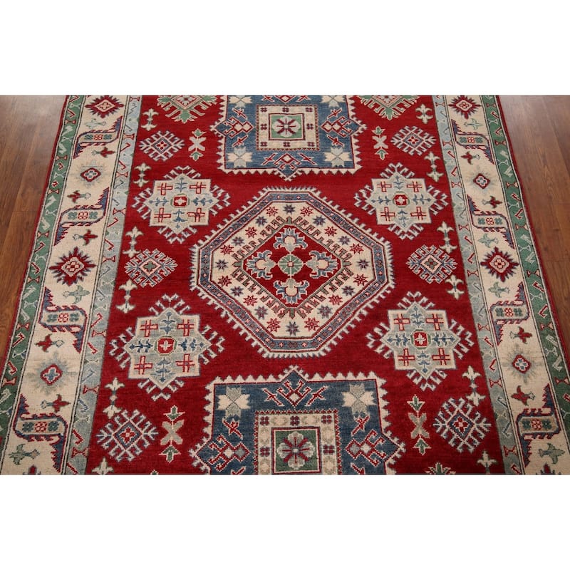 Geometric Red Kazak Oriental Area Rug Hand-Knotted Wool Carpet - 5'1" x 6'8"