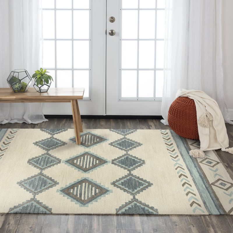 Alora Decor Sedona Beige and Blue Southwest Lodge Geometric Hand-tufted Wool Rug - 5' x 7'6"